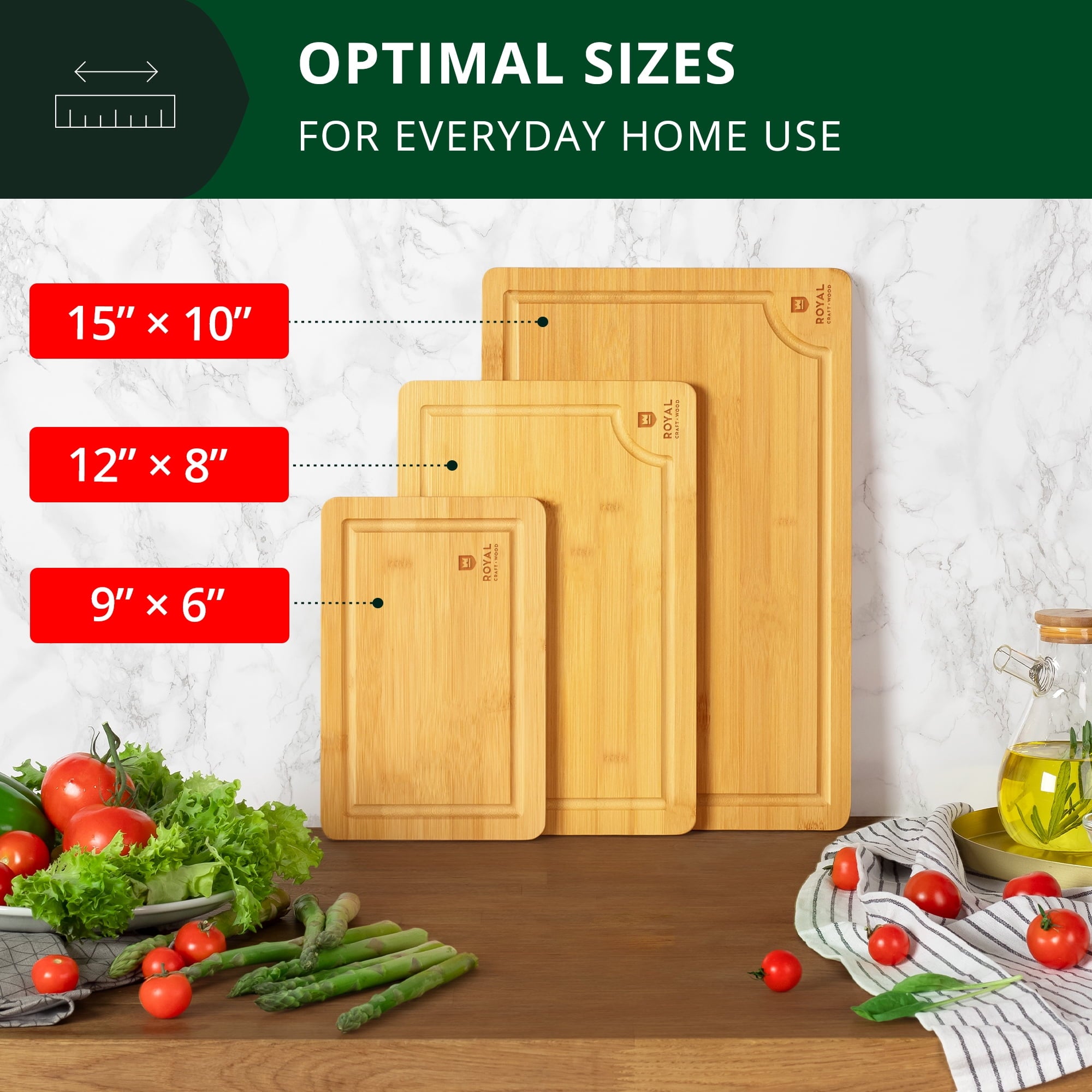 𝐋𝐮𝐱𝐮𝐫𝐲 Bamboo Cutting Board for Kitchen - Chopping Board w/Juice Groove & Easy Grip Handle - Organic Wooden Cutting Boards for Meat, Cheese, Fruits & Vegetables (Set of 3)